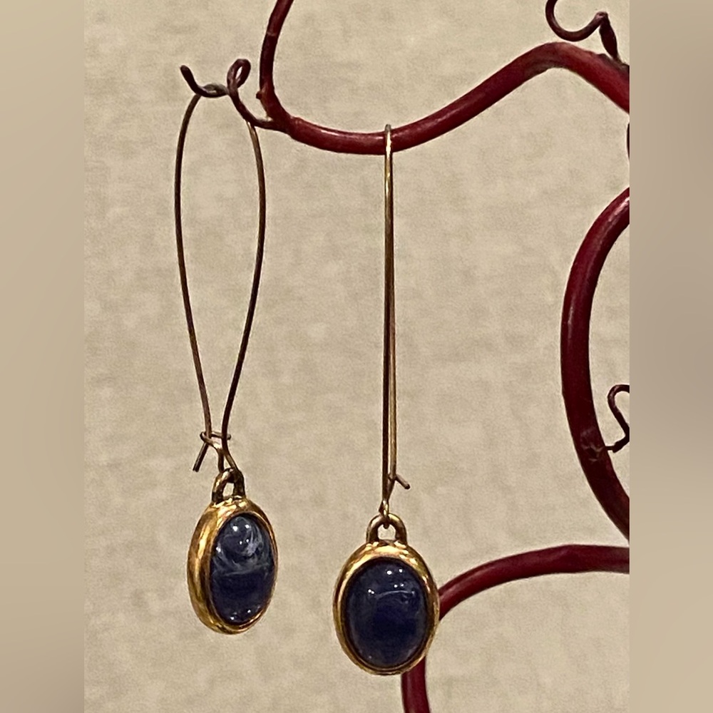 Antique gold and blue glass drop earrings